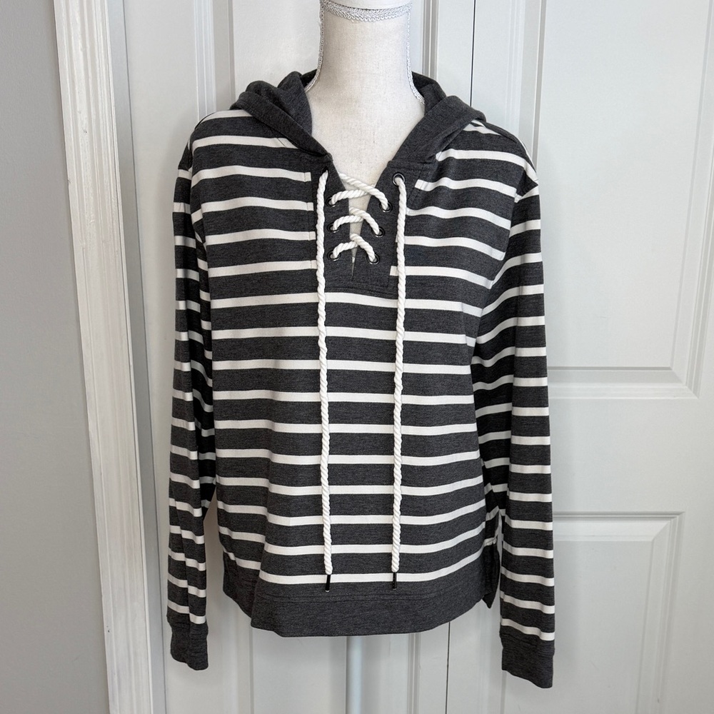 Cabi Grey White Stripe Winward Lace Up Hoodie Sweatshirt 5324 Large Nautical